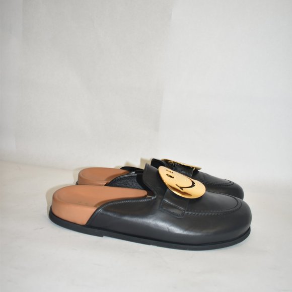 $700 JOSHUA SANDERS GOLD SMILEY-BUCKLE LEATHER SLIPPERS SLIDE BLACK 39 (TB20) - Picture 4 of 8